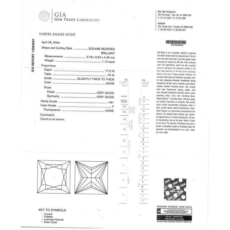 1.13 CT PRINCESS CUT DIAMOND F/VS1 GIA#13284007