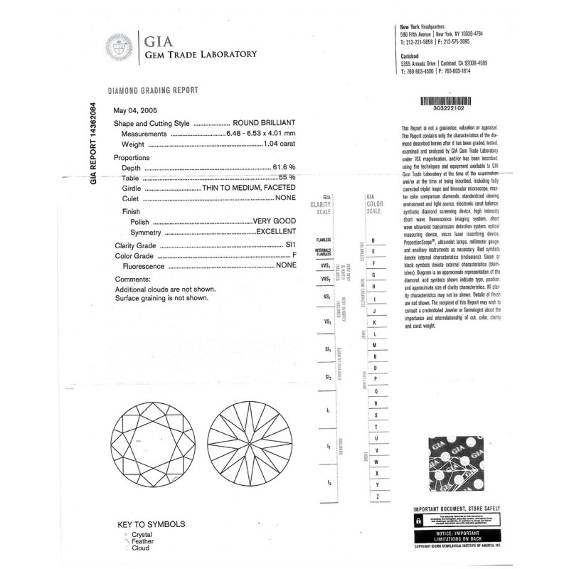1.04 CT ROUND DIAMOND F/SI1 GIA#14362084