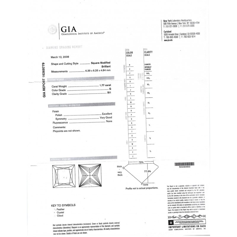 1.77 CT PRINCESS CUT DIAMOND G/SI1 GIA#16269779