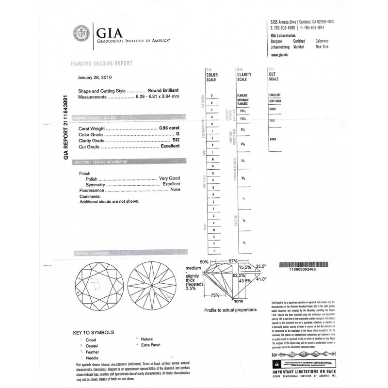 0.96 CT ROUND DIAMOND G/SI2 GIA#2111643891