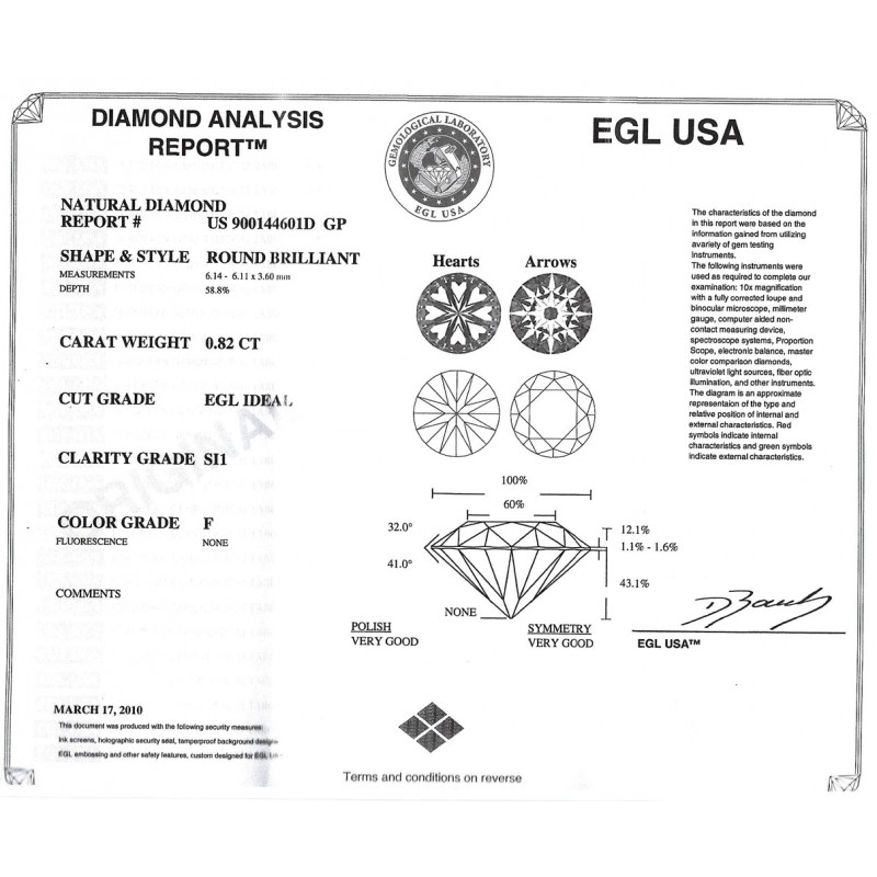 0.82 CT ROUND DIAMOND F/SI1 EGL#US900144601D