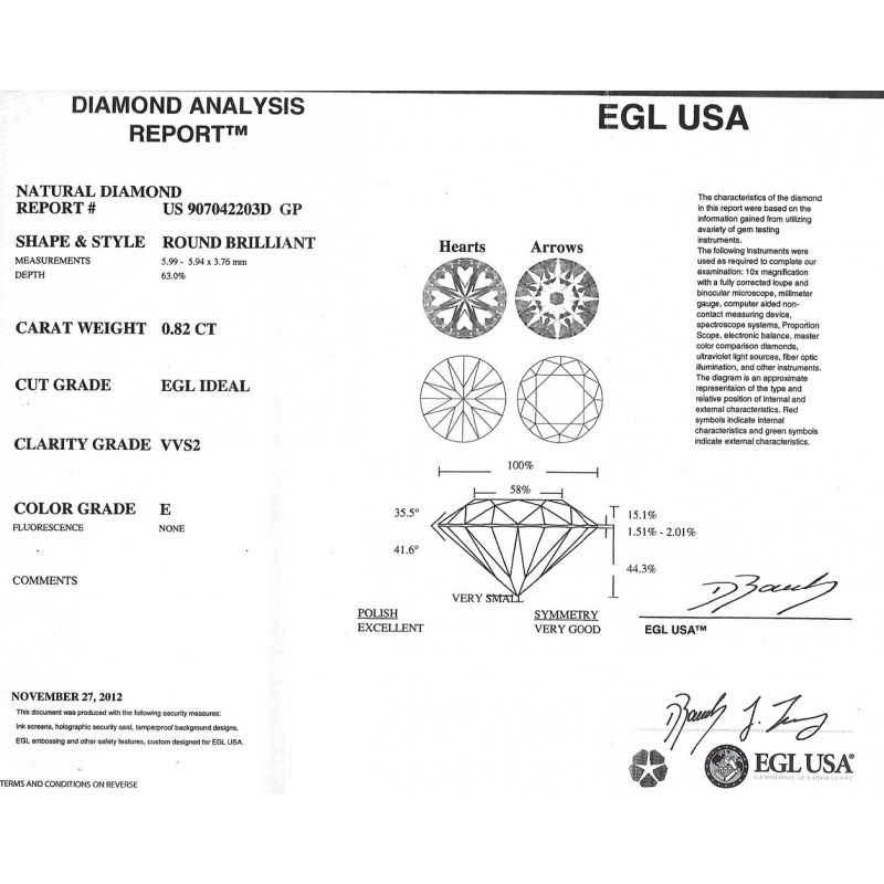 0.82 CT ROUND DIAMOND E/VVS2 EGL#US907042203D