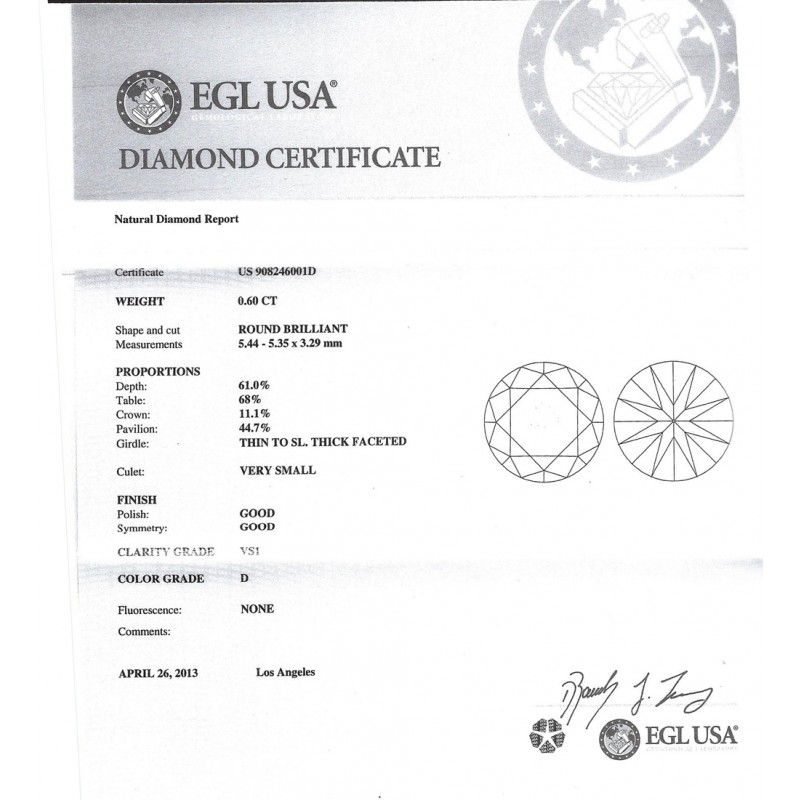 0.60 CT ROUND DIAMOND D/VS1 EGL#US908246001D