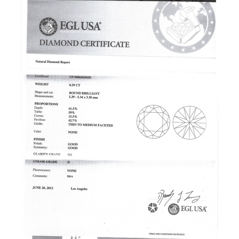 0.59 CT ROUND DIAMOND D/SI1 EGL#US908646502D