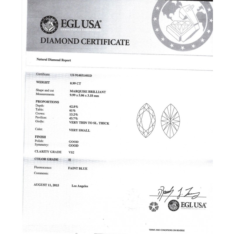 0.99 CT MARQUISE CUT DIAMOND H/VS2 EGL#US914031401D