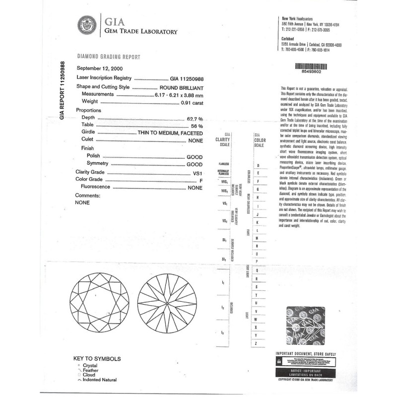 0.91 CT ROUND DIAMOND F/VS1 GIA#11250988