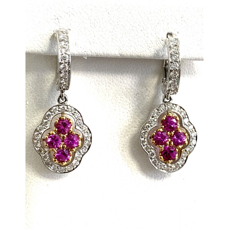 EARRINGS 18K YG w/0.68CT DIAMONDS + PINK SAPPHIRES