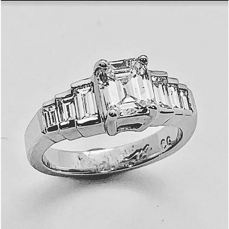 ENGAGEMENT PLATINUM RING 1-EMERALD CUT DIAMOND 1.13CT + 0.84CT BAGUETTES