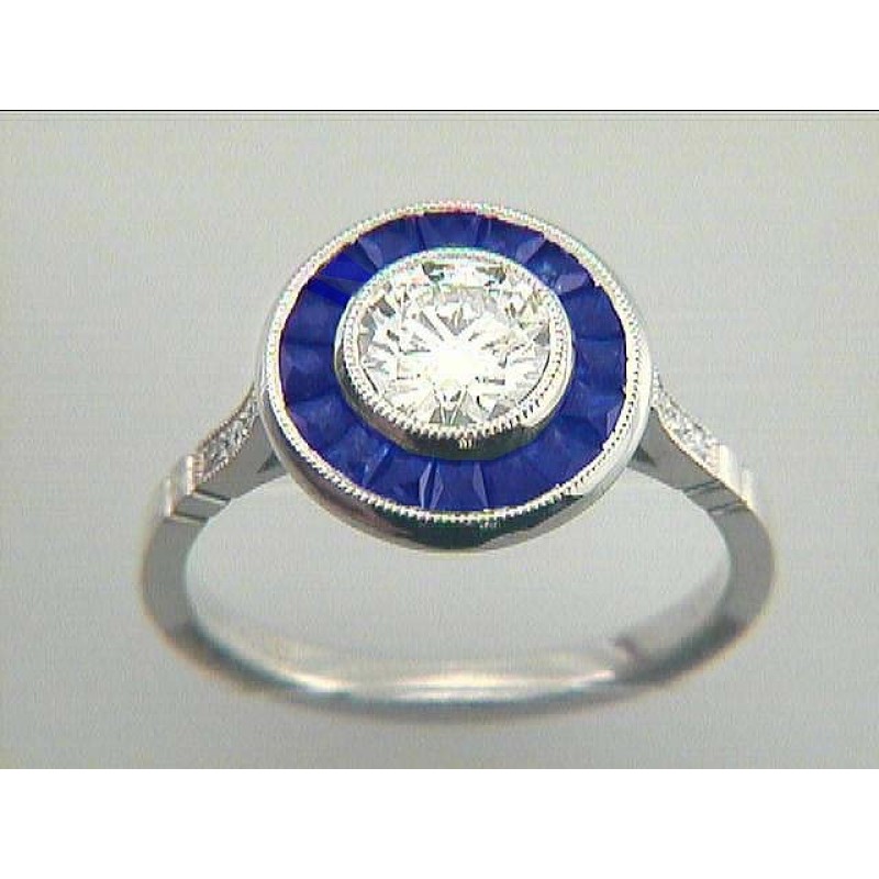 LADIES RING PLATINUM w/0.90CT G/SI1 + SAPPHIRES